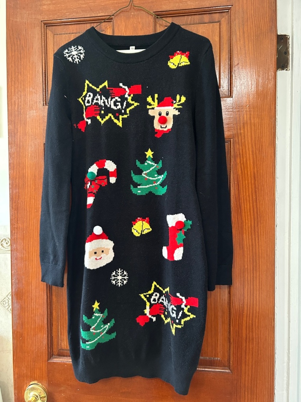 Black Christmas Knit Sweater Dress with Festive Icons